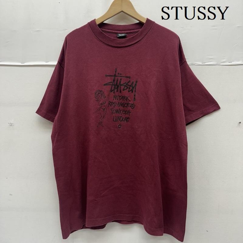 ステューシー STUSSY Tシャツ 半袖 80s 黒タグ 両面 プリント Tシャツ シングルステッチ XL 赤 / レッド / red X えんじ / ワインレッド / dark red メンズ USED 古着 中古 50162020