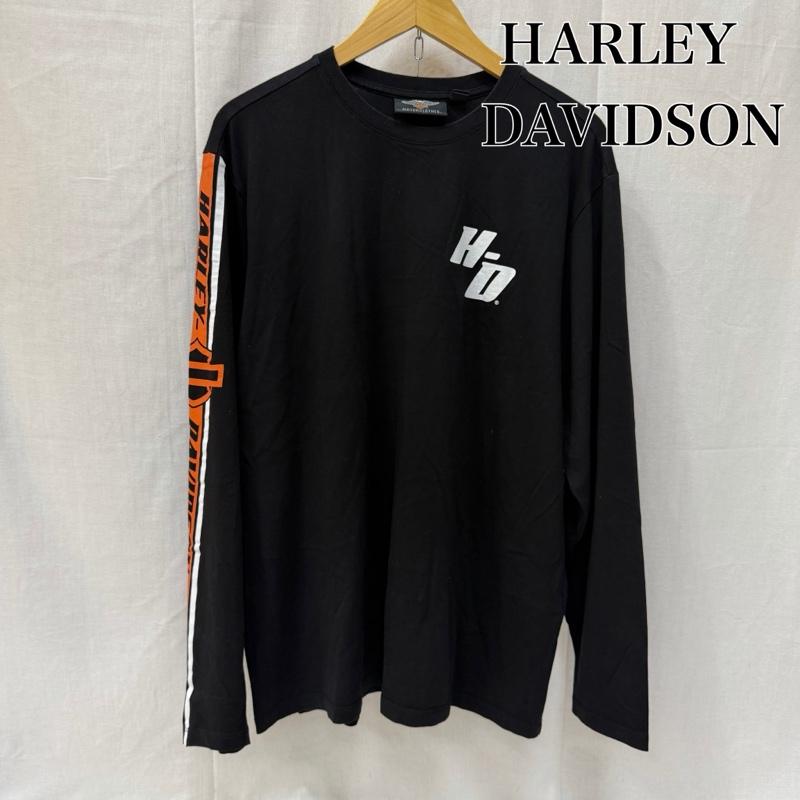 ハーレーダビッドソン Harley-Davidson Tシャツ 長袖 袖ロゴ ロゴプリント ロングTシャツ ロンT black×orange L L ロゴ、文字 黒 / ブラック / black X 白 / ホワイト / white X 橙 / オレンジ / orange メンズ USED 古着 中古 50162047