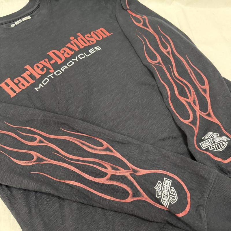 ハーレーダビッドソン Harley-Davidson Tシャツ 長袖 ファイヤーパターン ファイヤーフレーム プリントロンT 袖ロゴ black × red M M ロゴ、文字 黒 / ブラック / black X 赤 / レッド / red メンズ USED 古着 中古 50162049