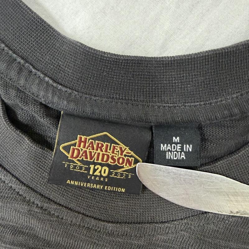 ハーレーダビッドソン Harley-Davidson Tシャツ 長袖 120周年記念モデル ロゴプリント ロンT 袖ロゴ チャコールグレー M M ロゴ、文字 チャコールグレー / チャコールグレー / メンズ USED 古着 中古 50162054
