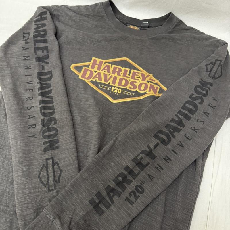 ハーレーダビッドソン Harley-Davidson Tシャツ 長袖 120周年記念モデル ロゴプリント ロンT 袖ロゴ チャコールグレー M M ロゴ、文字 チャコールグレー / チャコールグレー / メンズ USED 古着 中古 50162054