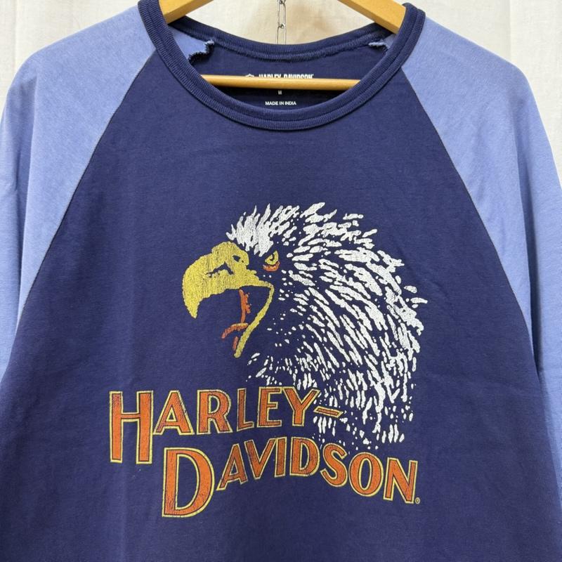 ハーレーダビッドソン Harley-Davidson Tシャツ 七分袖 イーグルプリントロゴラグラン blue×navy M M プリント 青 / ブルー / blue X 紺 / ネイビー / navy メンズ USED 古着 中古 50162055
