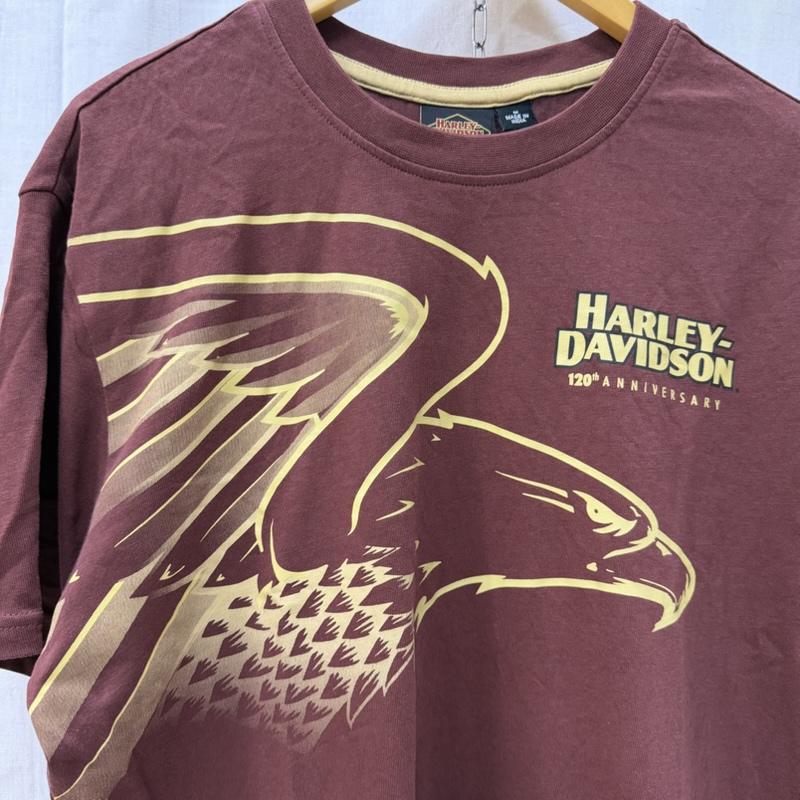 ハーレーダビッドソン Harley-Davidson Tシャツ 半袖 創立120周年記念 イーグルプリント Tシャツ burgundy M M プリント ボルドー / ボルドー / メンズ USED 古着 中古 50162057