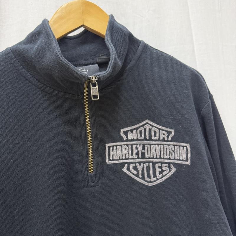 ハーレーダビッドソン Harley-Davidson トレーナー 長袖 ハーフジップスウェット ロゴ刺繍 black L L ロゴ、文字 黒 / ブラック / black X 灰 / グレー / gray メンズ USED 古着 中古 50162062