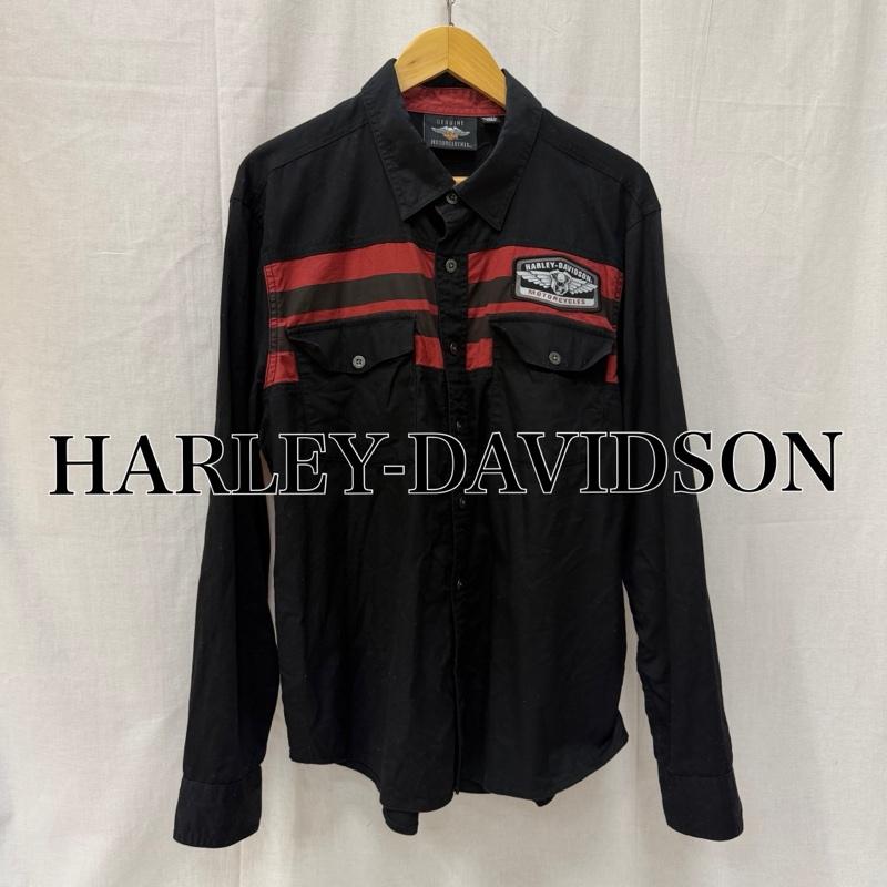 ハーレーダビッドソン Harley-Davidson シャツ、ブラウス 長袖 ボーダープリント 長袖シャツ black × red ロゴワッペン L L ロゴ、文字 X ボーダー柄 黒 / ブラック / black X 赤 / レッド / red メンズ USED 古着 中古 50162063