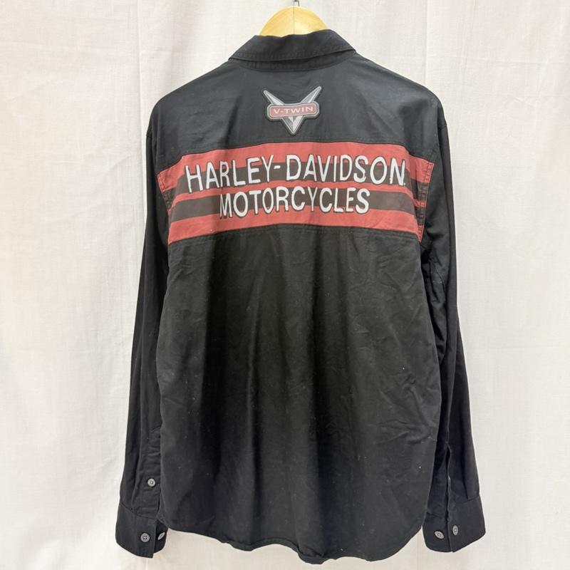 ハーレーダビッドソン Harley-Davidson シャツ、ブラウス 長袖 ボーダープリント 長袖シャツ black × red ロゴワッペン L L ロゴ、文字 X ボーダー柄 黒 / ブラック / black X 赤 / レッド / red メンズ USED 古着 中古 50162063