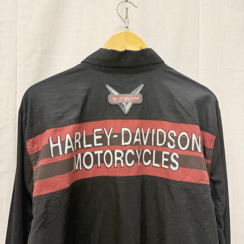 ハーレーダビッドソン Harley-Davidson シャツ、ブラウス 長袖 ボーダープリント 長袖シャツ black × red ロゴワッペン L L ロゴ、文字 X ボーダー柄 黒 / ブラック / black X 赤 / レッド / red メンズ USED 古着 中古 50162063