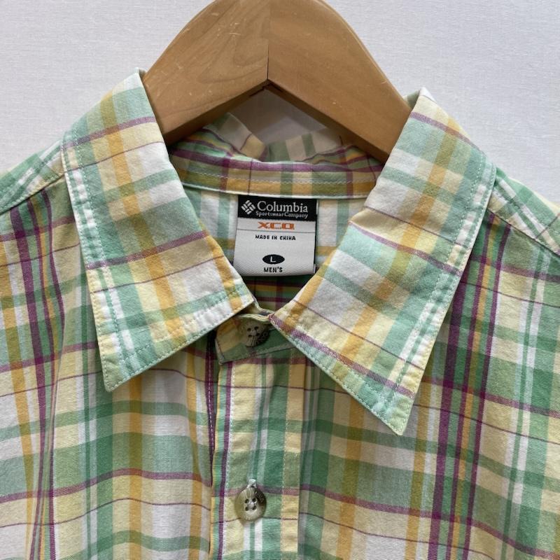 コロンビア Columbia シャツ、ブラウス 半袖 チェック 柄 半袖 シャツ 胸ポケット L チェック 緑 / グリーン / green X 黄 / イエロー / yellow X 白 / ホワイト / white X 紫 / パープル / purple メンズ USED 古着 中古 50162080