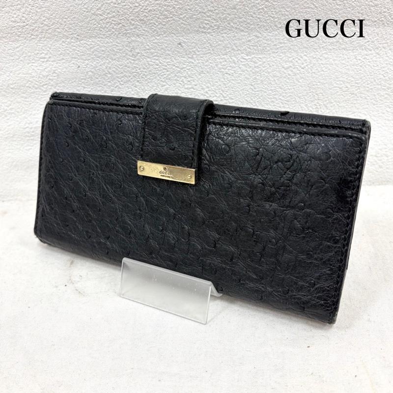 グッチ GUCCI 財布 長財布 オーストリッチ 二つ折り レザー 長財布 - ロゴ、文字 黒 / ブラック / black X 金 / ゴールド / gold color レディース USED 古着 中古 50162102