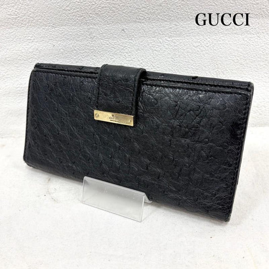 グッチ GUCCI 財布 長財布 オーストリッチ 二つ折り レザー 長財布 - ロゴ、文字 黒 / ブラック / black X 金 / ゴールド / gold color レディース USED 古着 中古 50162102