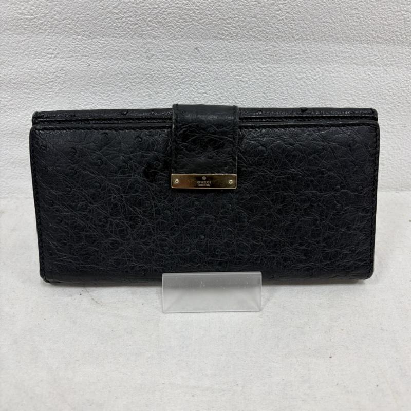 グッチ GUCCI 財布 長財布 オーストリッチ 二つ折り レザー 長財布 - ロゴ、文字 黒 / ブラック / black X 金 / ゴールド / gold color レディース USED 古着 中古 50162102