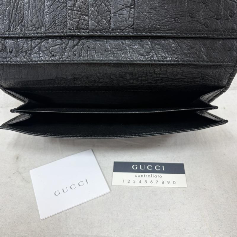 グッチ GUCCI 財布 長財布 オーストリッチ 二つ折り レザー 長財布 - ロゴ、文字 黒 / ブラック / black X 金 / ゴールド / gold color レディース USED 古着 中古 50162102
