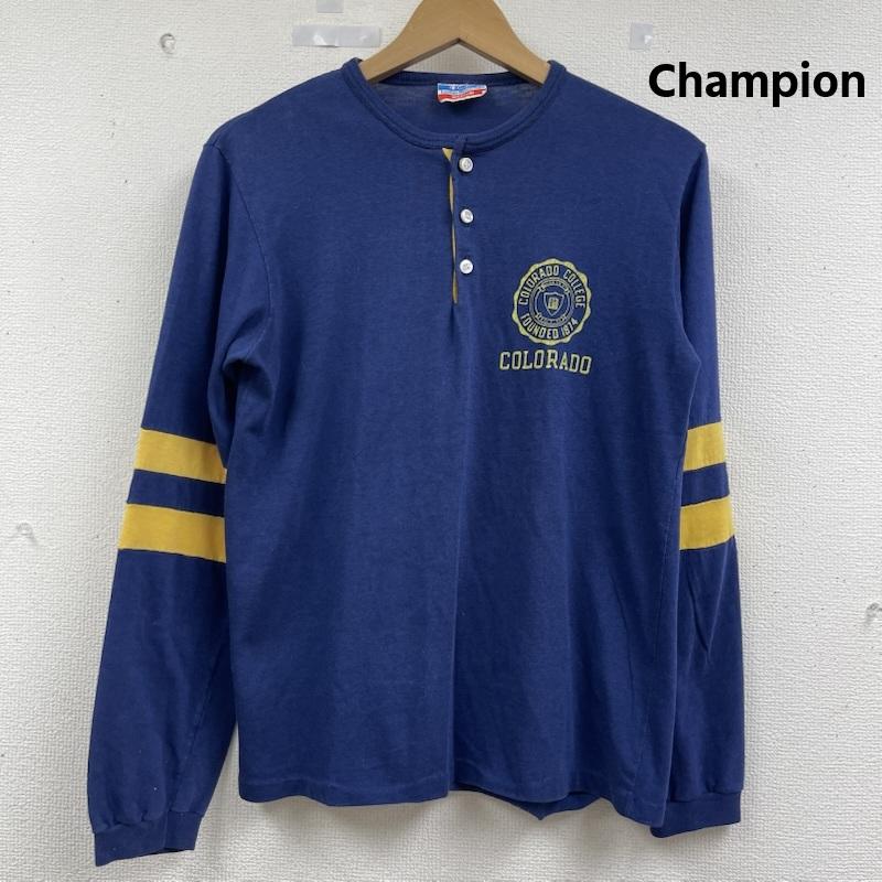 チャンピオン Champion Tシャツ 長袖 70s USA製 バータグ ヴィンテージ カレッジ プリント ヘンリーネック ロンT M 紺 / ネイビー / navy メンズ USED 古着 中古 50162116