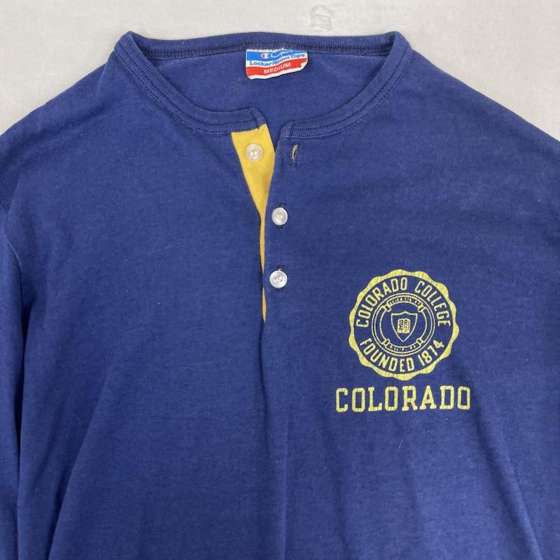 チャンピオン Champion Tシャツ 長袖 70s USA製 バータグ ヴィンテージ カレッジ プリント ヘンリーネック ロンT M 紺 / ネイビー / navy メンズ USED 古着 中古 50162116