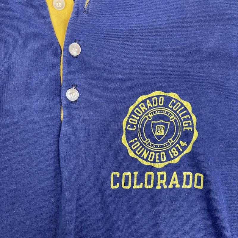 チャンピオン Champion Tシャツ 長袖 70s USA製 バータグ ヴィンテージ カレッジ プリント ヘンリーネック ロンT M 紺 / ネイビー / navy メンズ USED 古着 中古 50162116