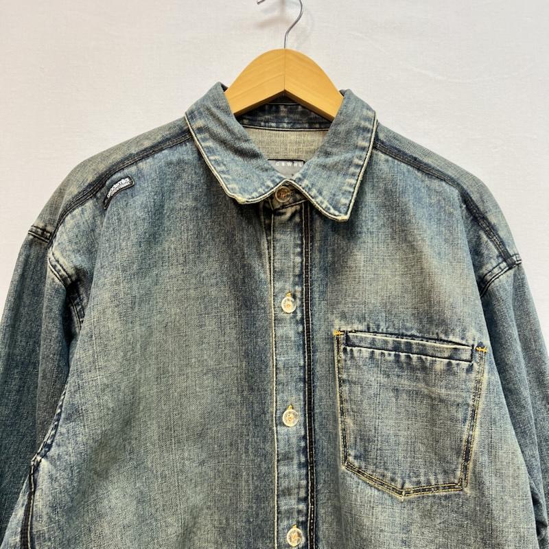 古着 USED シャツ、ブラウス 長袖 90s-00s AKADEMIKS ヴィンテージ加工 デニムシャツ レザー切替 M メンズ USED 古着 中古 50162131