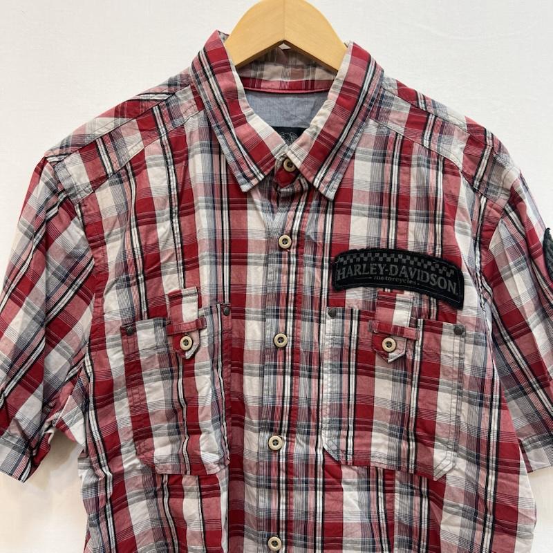 ハーレーダビッドソン Harley-Davidson シャツ、ブラウス 半袖 10s チェック 半袖シャツ ワッペン L 赤 / レッド / red メンズ USED 古着 中古 50162142