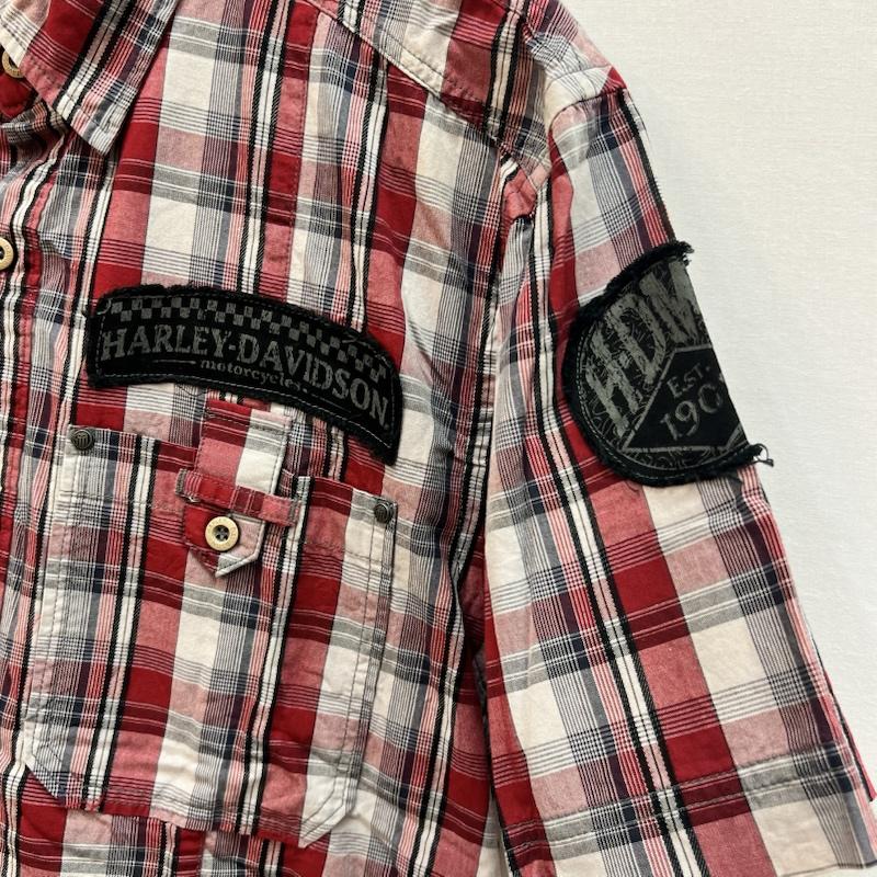 ハーレーダビッドソン Harley-Davidson シャツ、ブラウス 半袖 10s チェック 半袖シャツ ワッペン L 赤 / レッド / red メンズ USED 古着 中古 50162142