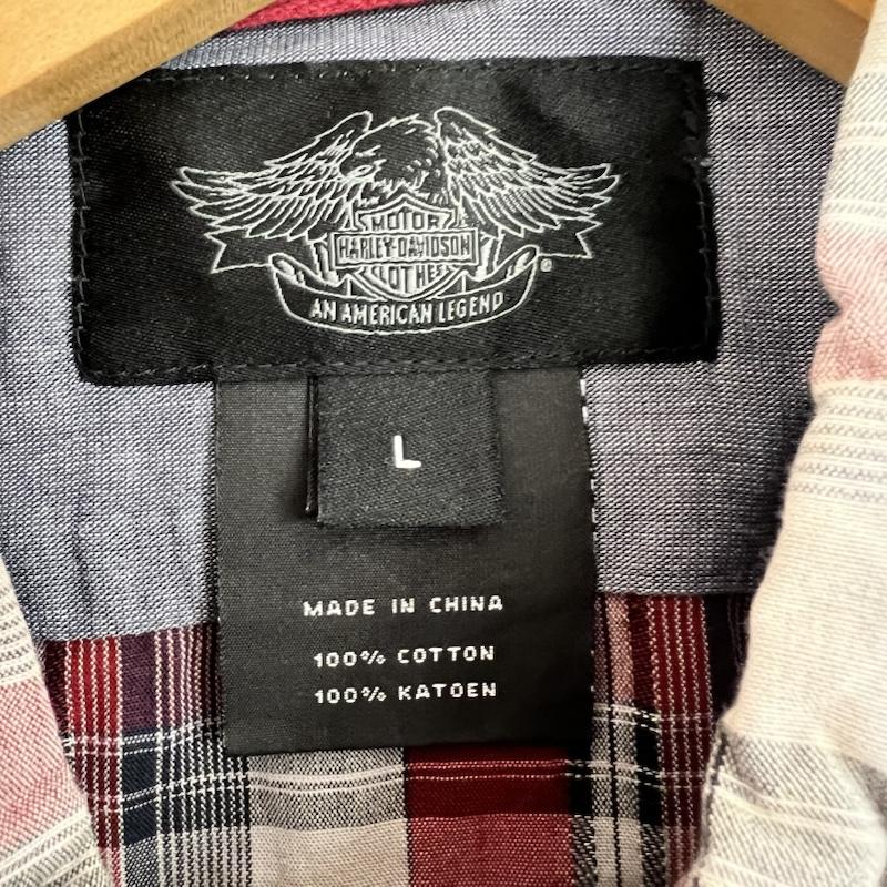 ハーレーダビッドソン Harley-Davidson シャツ、ブラウス 半袖 10s チェック 半袖シャツ ワッペン L 赤 / レッド / red メンズ USED 古着 中古 50162142