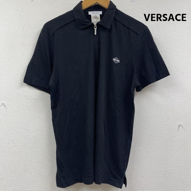 ヴェルサーチ VERSACE ポロシャツ 半袖 ブランド ロゴ プリント ハーフジップ コットン ポロシャツ S 黒 / ブラック / black メンズ USED 古着 中古 50162172
