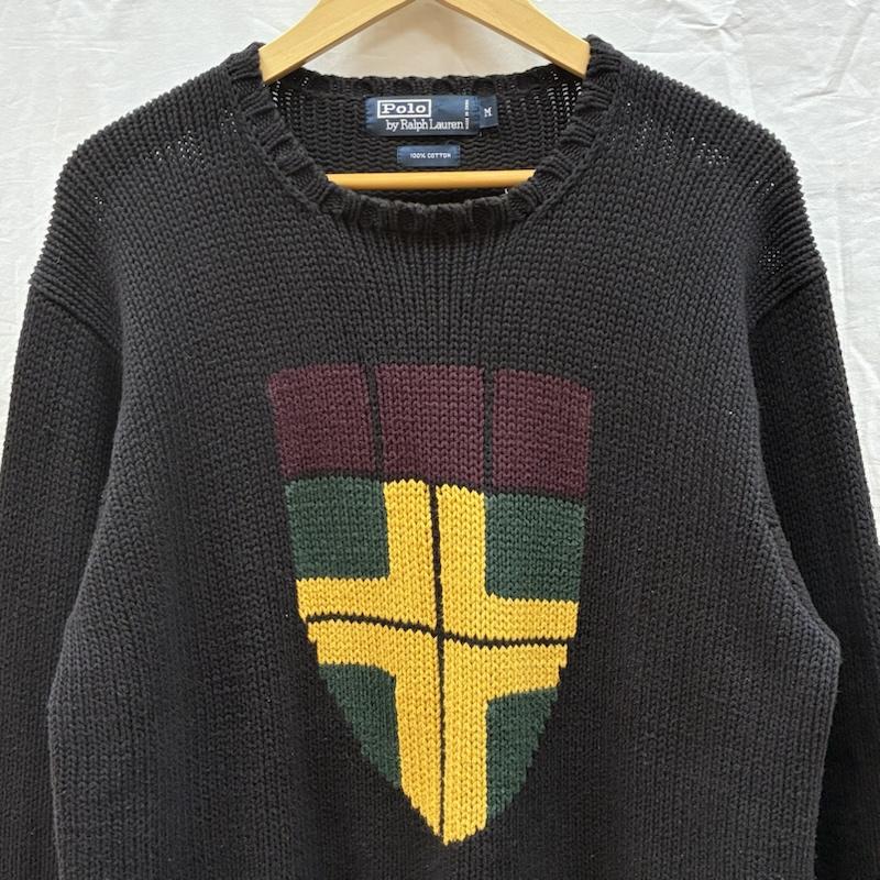 ポロバイラルフローレン Polo by RALPH LAUREN ニット、セーター 長袖 90s シールド ロゴ クルーネック プルオーバー コットン ニット セーター M メンズ USED 古着 中古 50162182