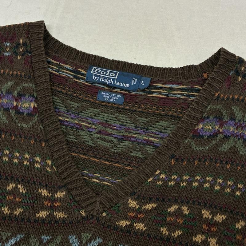 ポロバイラルフローレン Polo by RALPH LAUREN ベスト ベスト 90s フェアアイル柄 コットン リネン シルク Vネック ニット ベスト L メンズ USED 古着 中古 50162185