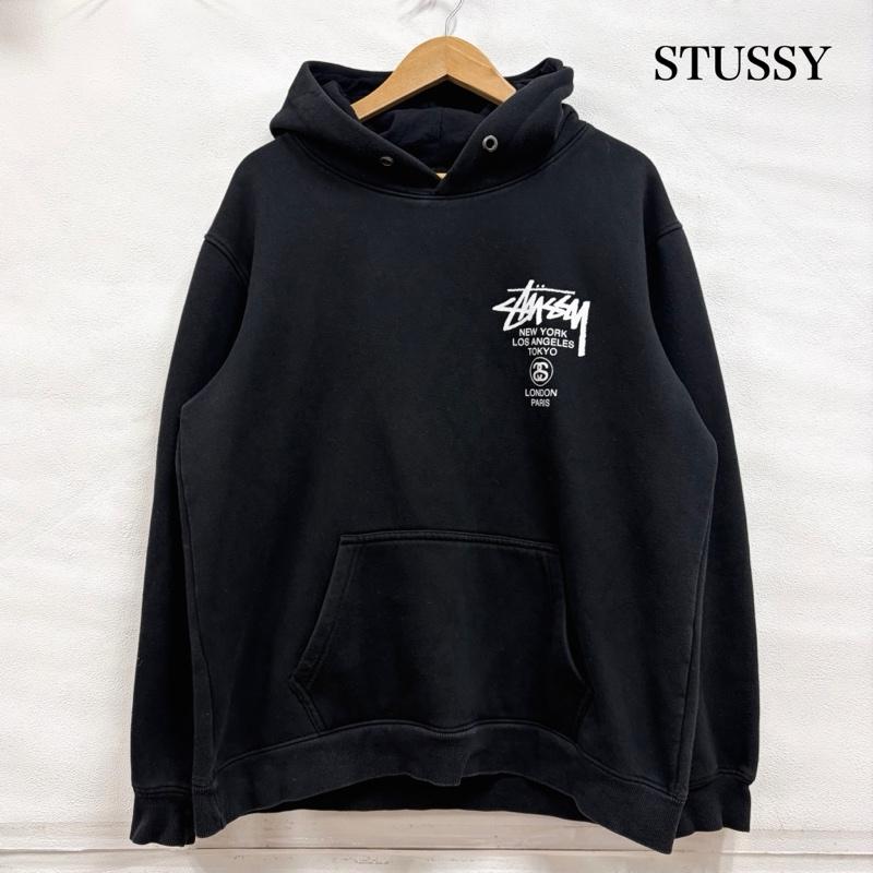 ステューシー STUSSY パーカー 長袖 ワールドツアー 両面 プリント スウェット パーカー フーディー プルオーバー メキシコ製 裏起毛 M ロゴ、文字 X プリント 黒 / ブラック / black X 白 / ホワイト / white メンズ USED 古着 中古 50162214