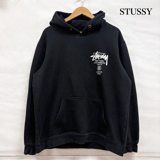 ステューシー STUSSY パーカー 長袖 ワールドツアー 両面 プリント スウェット パーカー フーディー プルオーバー メキシコ製 裏起毛 M ロゴ、文字 X プリント 黒 / ブラック / black X 白 / ホワイト / white メンズ USED 古着 中古 50162214