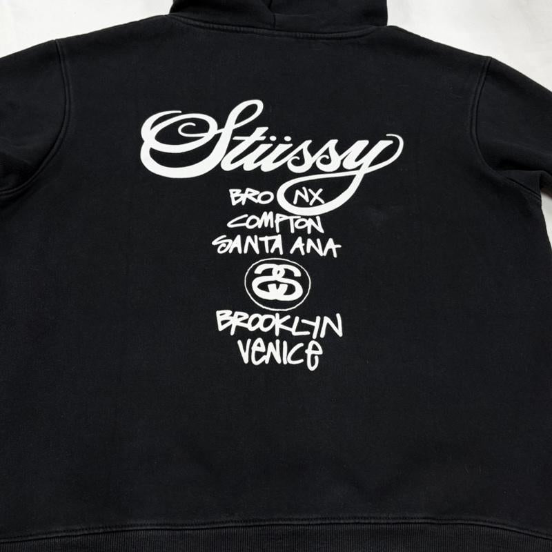 ステューシー STUSSY パーカー 長袖 ワールドツアー 両面 プリント スウェット パーカー フーディー プルオーバー メキシコ製 裏起毛 M ロゴ、文字 X プリント 黒 / ブラック / black X 白 / ホワイト / white メンズ USED 古着 中古 50162214