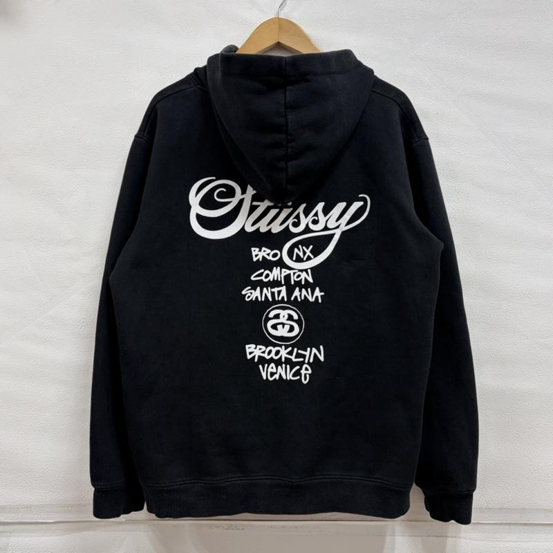 ステューシー STUSSY パーカー 長袖 ワールドツアー 両面 プリント スウェット パーカー フーディー プルオーバー メキシコ製 裏起毛 M ロゴ、文字 X プリント 黒 / ブラック / black X 白 / ホワイト / white メンズ USED 古着 中古 50162214