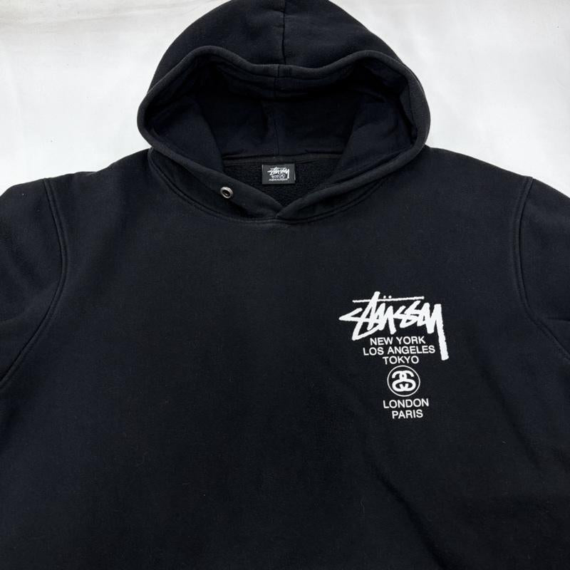 ステューシー STUSSY パーカー 長袖 ワールドツアー 両面 プリント スウェット パーカー フーディー プルオーバー メキシコ製 裏起毛 M ロゴ、文字 X プリント 黒 / ブラック / black X 白 / ホワイト / white メンズ USED 古着 中古 50162214