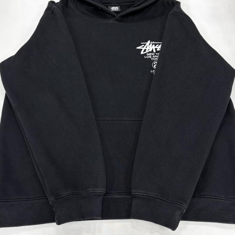 ステューシー STUSSY パーカー 長袖 ワールドツアー 両面 プリント スウェット パーカー フーディー プルオーバー メキシコ製 裏起毛 M ロゴ、文字 X プリント 黒 / ブラック / black X 白 / ホワイト / white メンズ USED 古着 中古 50162214