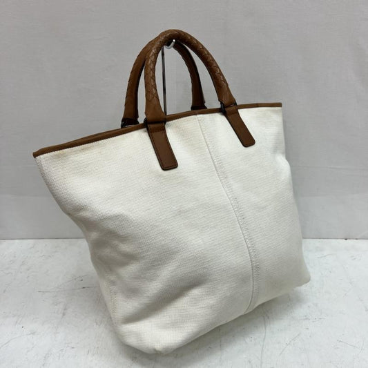 ボッテガヴェネタ BOTTEGA VENETA トートバッグ トートバッグ 編み込みレザーハンドル キャンバストートバッグ - 白 / ホワイト / white X 茶 / ブラウン / brown メンズ USED 古着 中古 50162290
