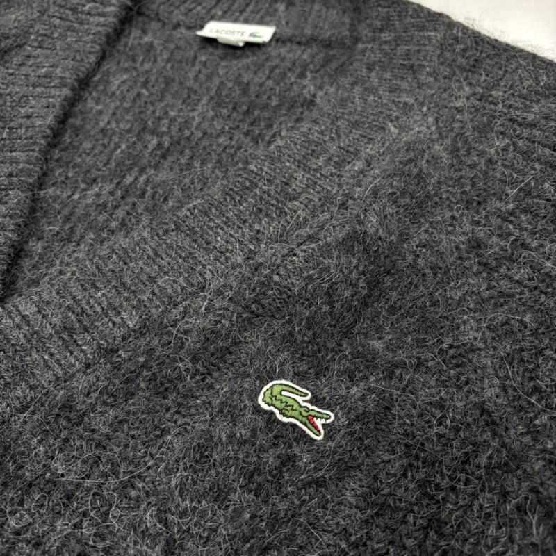 ラコステ LACOSTE カーディガン 長袖 ウール アルパカ ケーブルニット ユニセックス カーディガン M ワンポイント X ロゴ、文字 X 刺繍 ダークグレー / ダークグレー / メンズ USED 古着 中古 50162338