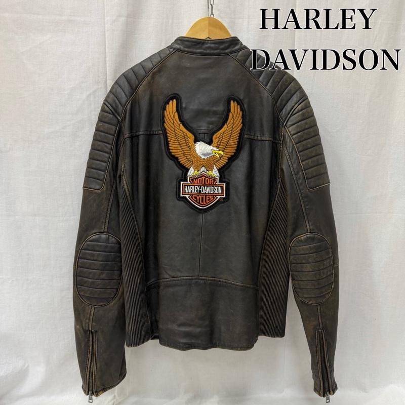 ハーレーダビッドソン Harley-Davidson ジャケット、上着 レザージャケット モーターサイクルジャケット レザー lamb skin シングル ノーカラー ワッペン イーグル ダークブラウン L L ロゴ、文字 ダークブラウン / ダークブラウン / メンズ USED 古着 中古 50162382