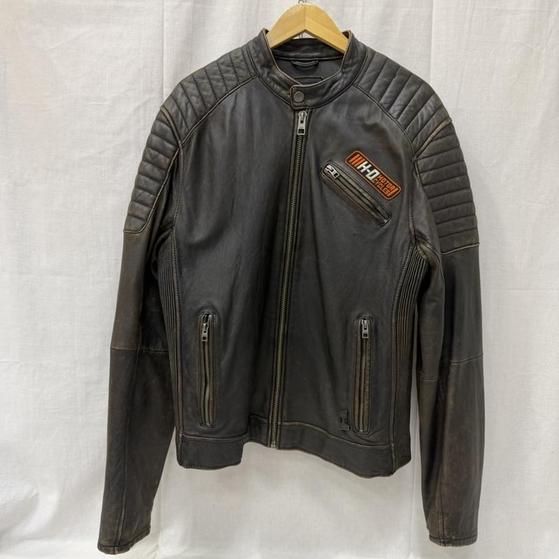 ハーレーダビッドソン Harley-Davidson ジャケット、上着 レザージャケット モーターサイクルジャケット レザー lamb skin シングル ノーカラー ワッペン イーグル ダークブラウン L L ロゴ、文字 ダークブラウン / ダークブラウン / メンズ USED 古着 中古 50162382