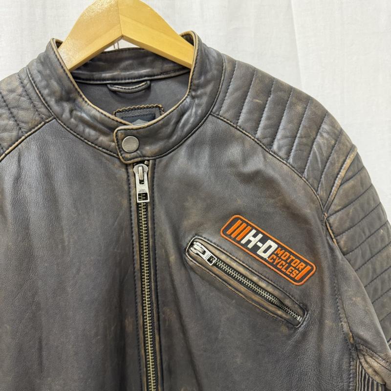 ハーレーダビッドソン Harley-Davidson ジャケット、上着 レザージャケット モーターサイクルジャケット レザー lamb skin シングル ノーカラー ワッペン イーグル ダークブラウン L L ロゴ、文字 ダークブラウン / ダークブラウン / メンズ USED 古着 中古 50162382