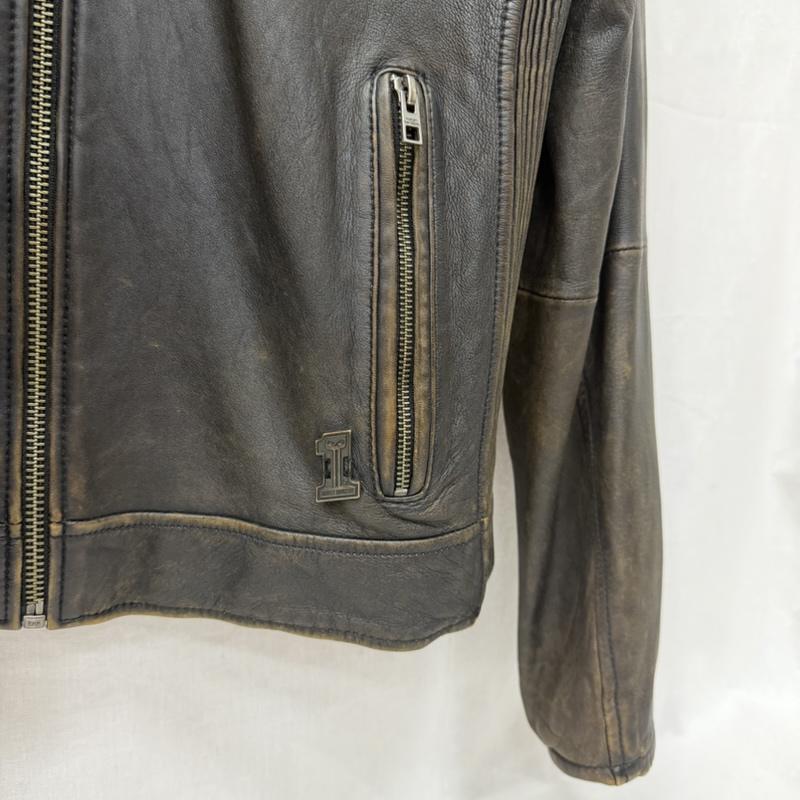 ハーレーダビッドソン Harley-Davidson ジャケット、上着 レザージャケット モーターサイクルジャケット レザー lamb skin シングル ノーカラー ワッペン イーグル ダークブラウン L L ロゴ、文字 ダークブラウン / ダークブラウン / メンズ USED 古着 中古 50162382