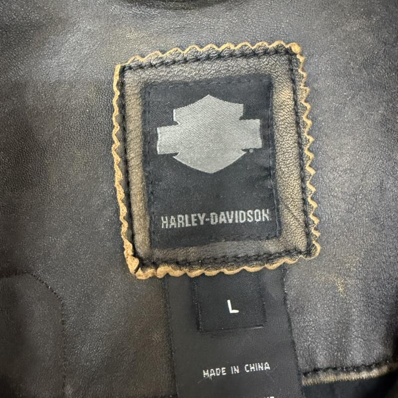 ハーレーダビッドソン Harley-Davidson ジャケット、上着 レザージャケット モーターサイクルジャケット レザー lamb skin シングル ノーカラー ワッペン イーグル ダークブラウン L L ロゴ、文字 ダークブラウン / ダークブラウン / メンズ USED 古着 中古 50162382