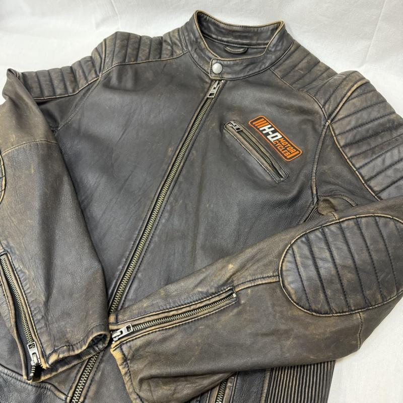 ハーレーダビッドソン Harley-Davidson ジャケット、上着 レザージャケット モーターサイクルジャケット レザー lamb skin シングル ノーカラー ワッペン イーグル ダークブラウン L L ロゴ、文字 ダークブラウン / ダークブラウン / メンズ USED 古着 中古 50162382