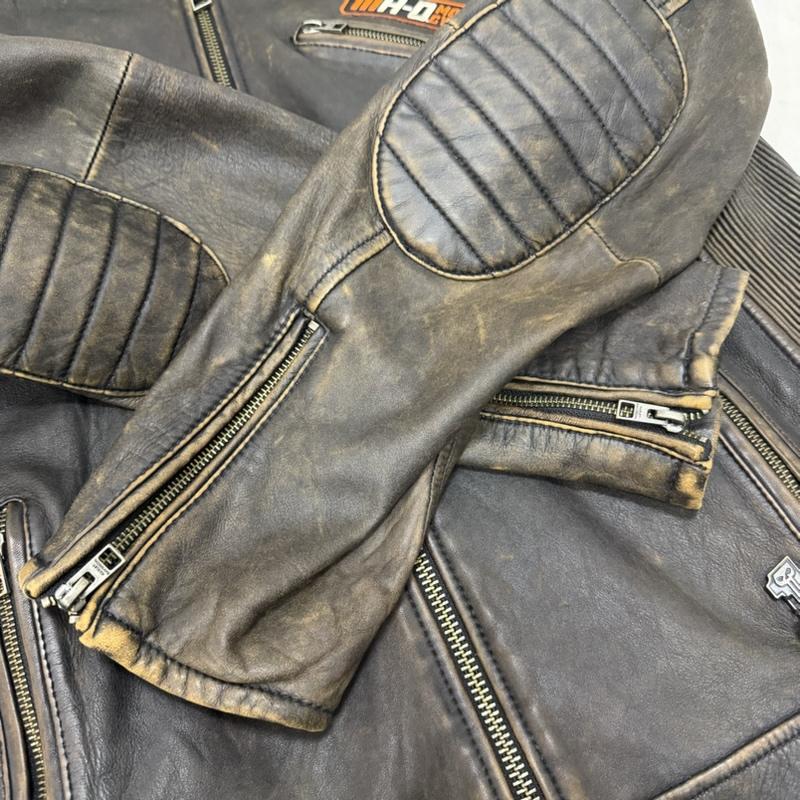 ハーレーダビッドソン Harley-Davidson ジャケット、上着 レザージャケット モーターサイクルジャケット レザー lamb skin シングル ノーカラー ワッペン イーグル ダークブラウン L L ロゴ、文字 ダークブラウン / ダークブラウン / メンズ USED 古着 中古 50162382