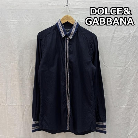 ドルチェアンドガッバーナ DOLCE&GABBANA シャツ、ブラウス 長袖 GOLD カラー カフス ストライプ 長袖 シャツ イタリア製 - 紺 / ネイビー / navy メンズ USED 古着 中古 50162606