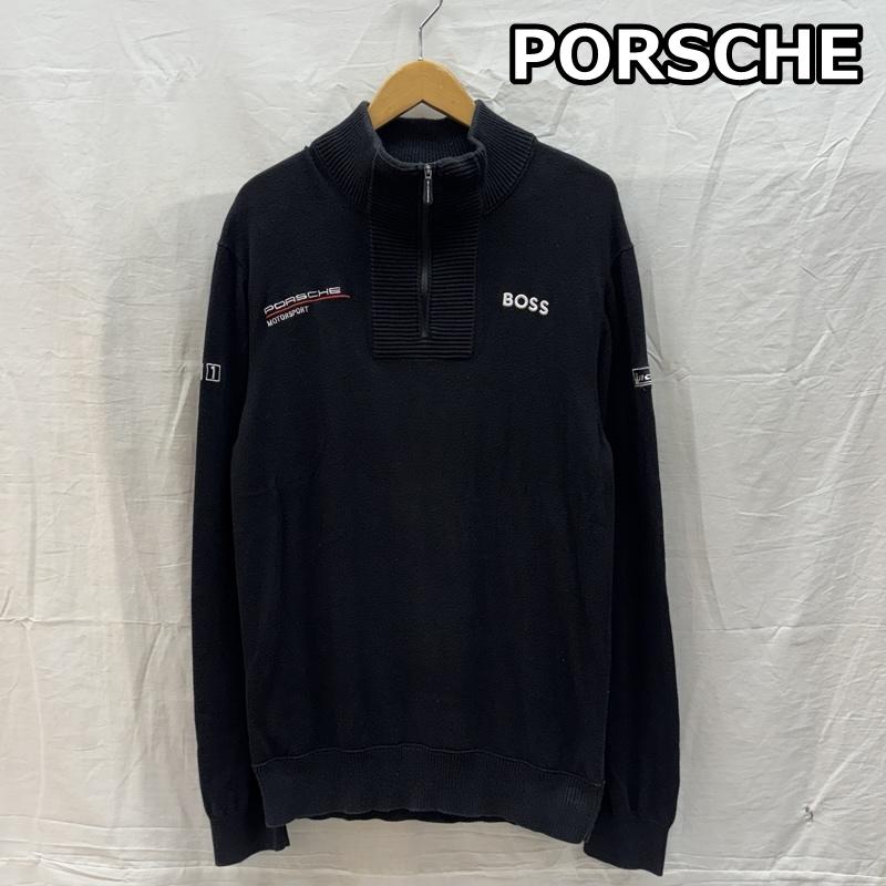 古着 USED ニット、セーター 長袖 PORSCHE ポルシェ ボス ミシュラン ロゴ ハーフジップ モックネック ニット セーター M 黒 / ブラック / black メンズ USED 古着 中古 50162609