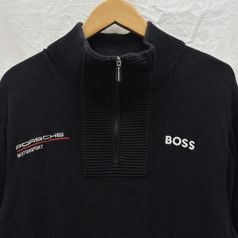 古着 USED ニット、セーター 長袖 PORSCHE ポルシェ ボス ミシュラン ロゴ ハーフジップ モックネック ニット セーター M 黒 / ブラック / black メンズ USED 古着 中古 50162609