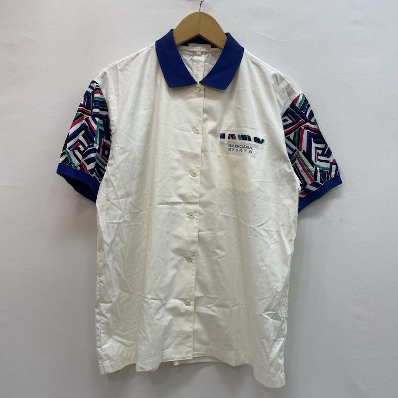 バレンシアガ BALENCIAGA ポロシャツ 半袖 バレンシアガ スポーツ ヴィンテージ ポロシャツ 幾何学 模様 フルボタン L 無地 X 幾何柄 白 / ホワイト / white X 青 / ブルー / blue メンズ USED 古着 中古 50162631