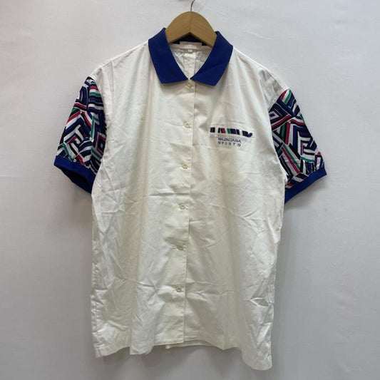 バレンシアガ BALENCIAGA ポロシャツ 半袖 バレンシアガ スポーツ ヴィンテージ ポロシャツ 幾何学 模様 フルボタン L 無地 X 幾何柄 白 / ホワイト / white X 青 / ブルー / blue メンズ USED 古着 中古 50162631