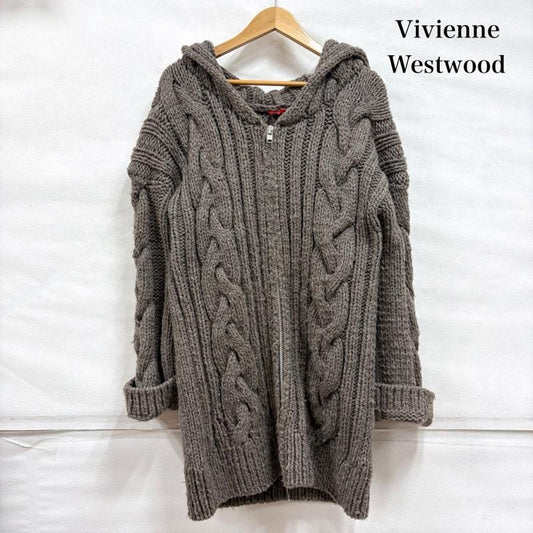 ヴィヴィアン ウエストウッド レッドレーベル Vivienne Westwood red label ニット、セーター 長袖 ケーブル ニット カーディガン フード フルジップ ダブルジップ ジャケット パーカー 2 無地 茶 / ブラウン / brown レディース USED 古着 中古 50162806
