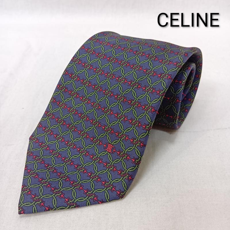 セリーヌ CELINE ネクタイ ネクタイ トリオンフ チェーン 総柄 made in spain - 総柄 紺 / ネイビー / navy X 赤 / レッド / red X 緑 / グリーン / green メンズ USED 古着 中古 50162860