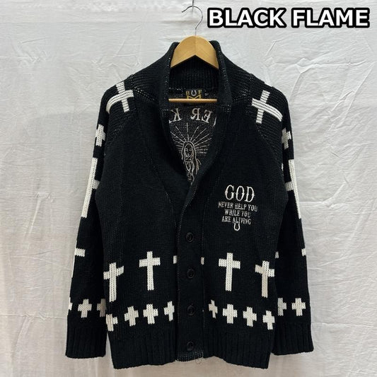 BLACK FLAME BLACK FLAME カーディガン 長袖 マリア 刺繍 クロス 十字架 ショールカラー アクリル カーディガン 15 1/2 - メンズ USED 古着 中古 50162956
