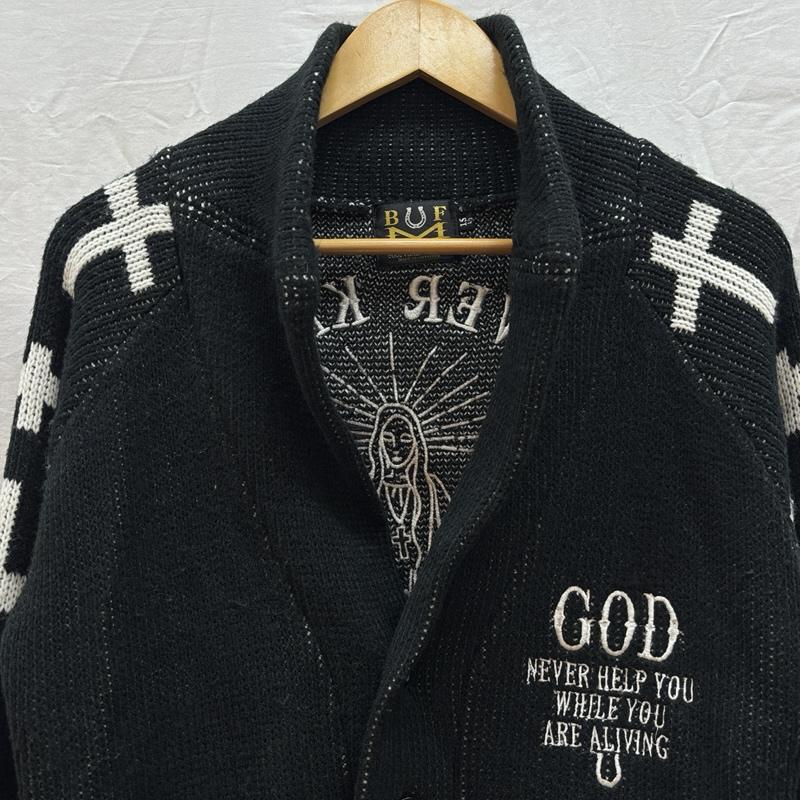 BLACK FLAME BLACK FLAME カーディガン 長袖 マリア 刺繍 クロス 十字架 ショールカラー アクリル カーディガン 15 1/2 - メンズ USED 古着 中古 50162956